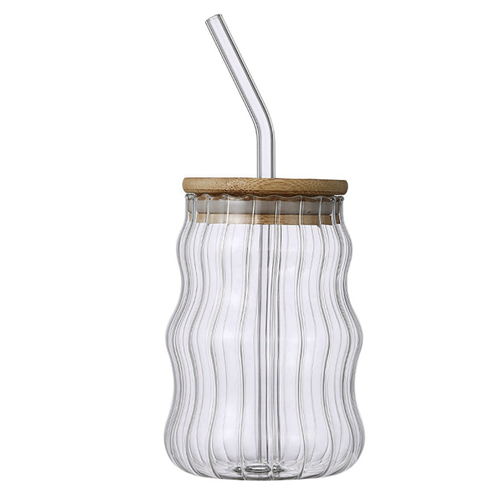 530ML Ripple Shaped Vintage Borosilicate Glass with Wooden Lid and Glass Straw (Floret)
