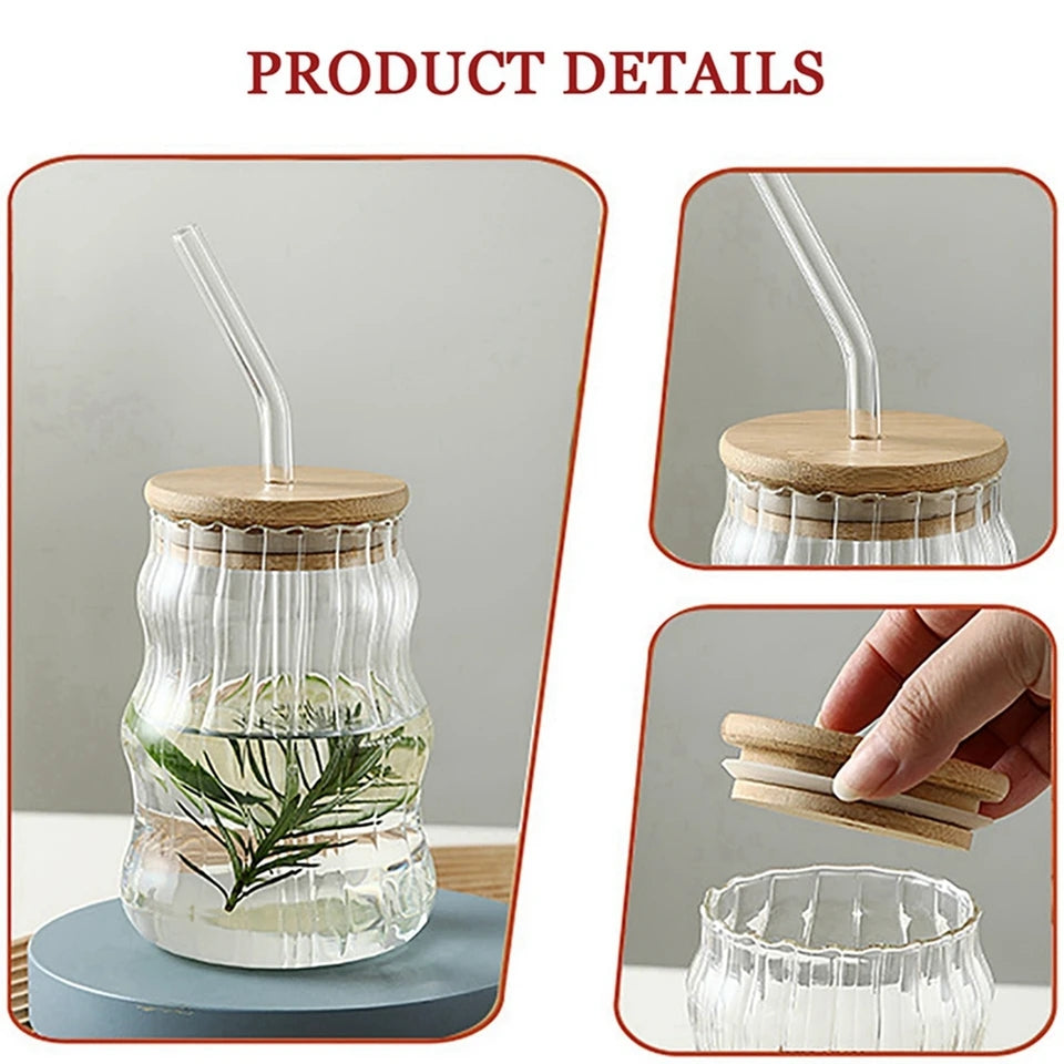 530ML Ripple Shaped Vintage Borosilicate Glass with Wooden Lid and Glass Straw (Floret)