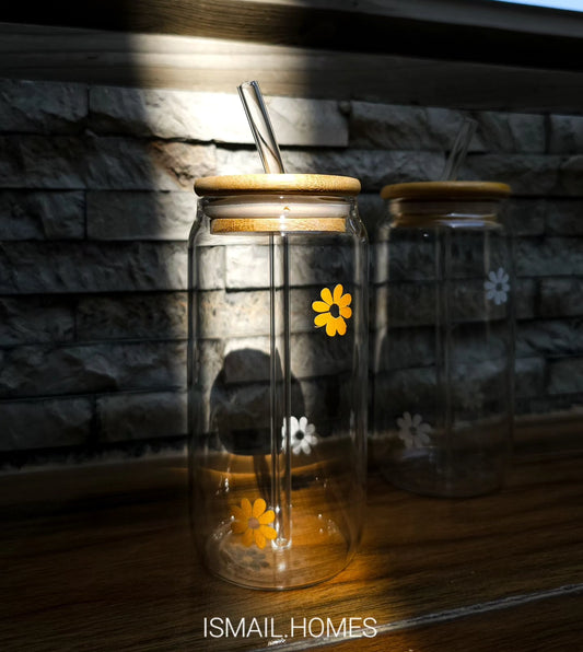 550ML Can Glass with Lid and Glass Straw - Daisy