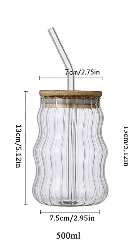 530ML Ripple Shaped Vintage Borosilicate Glass with Wooden Lid and Glass Straw (Floret)