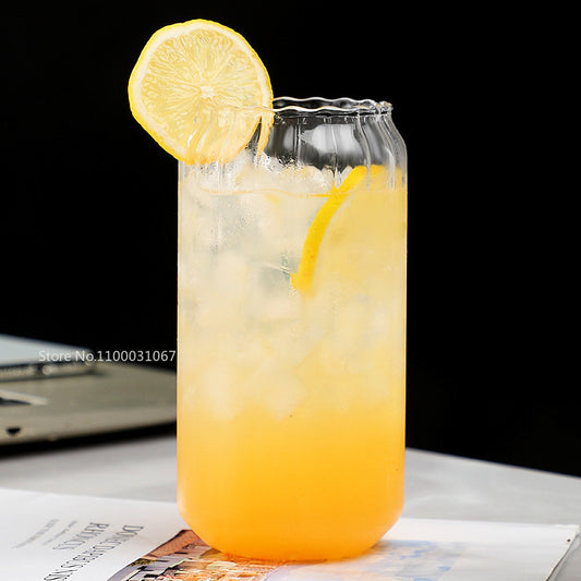 Can Glass Ribbed with Lid and Glass Straw