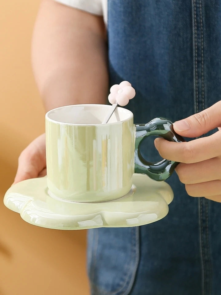 Pearl Glazed Mug with Flower Saucer and Spoon