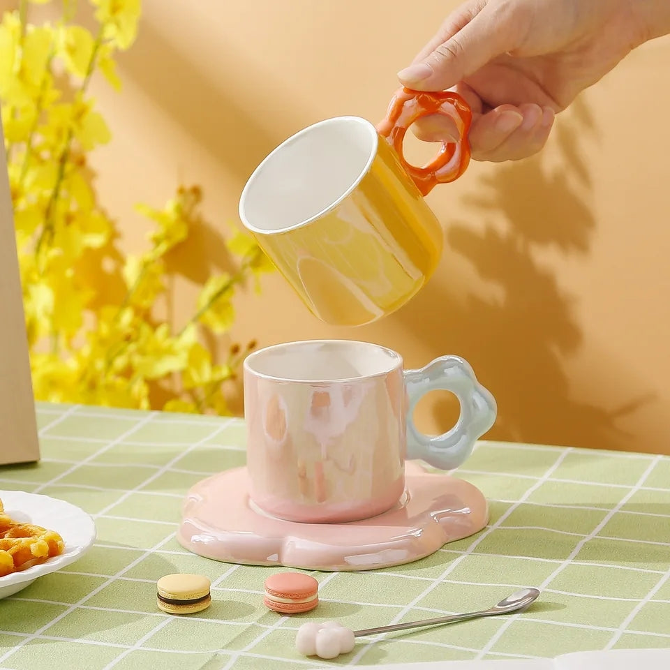 Pearl Glazed Mug with Flower Saucer and Spoon