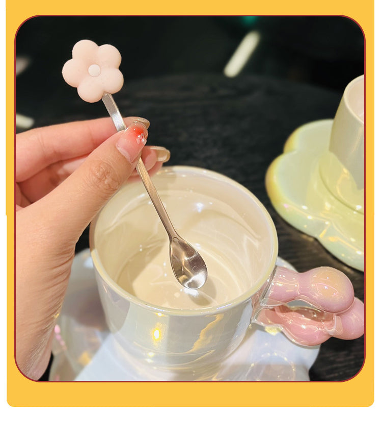Pearl Glazed Mug with Flower Saucer and Spoon