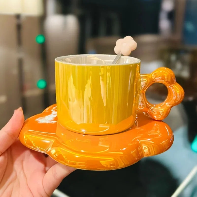Pearl Glazed Mug with Flower Saucer and Spoon