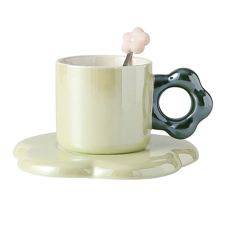 Pearl Glazed Mug with Flower Saucer and Spoon