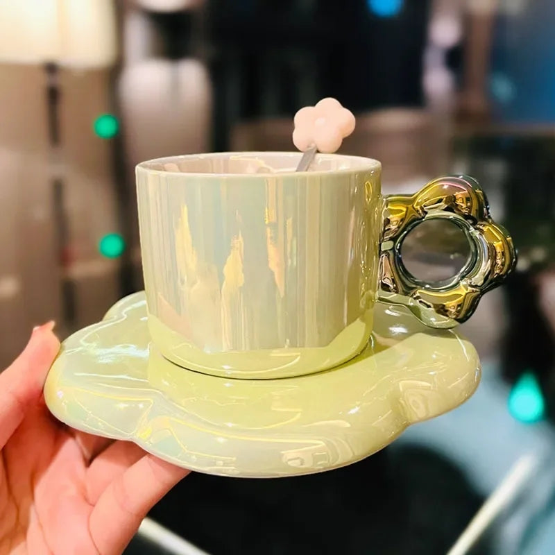 Pearl Glazed Mug with Flower Saucer and Spoon