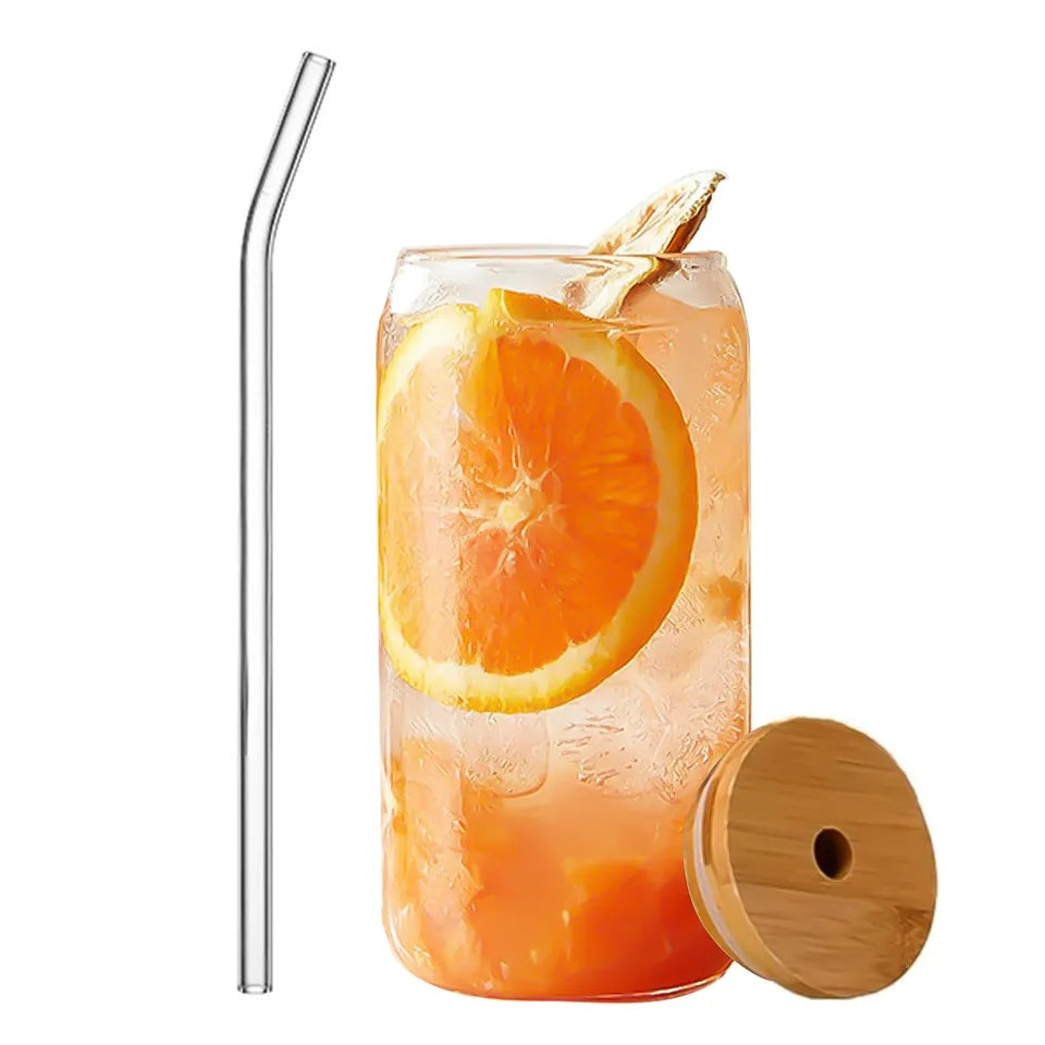 550ML CAN GLASS WITH LID AND GLASS STRAW