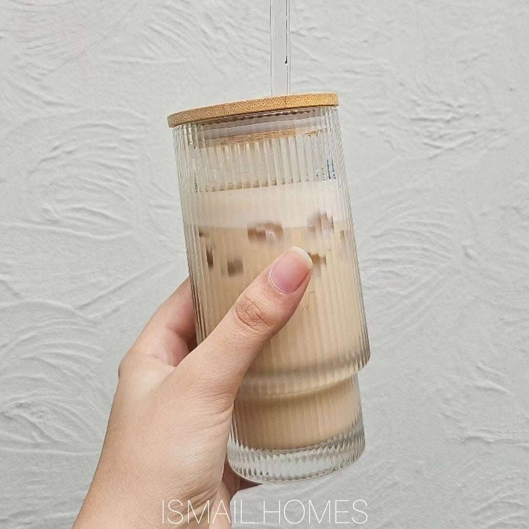 Ribbed Glass with Bamboo Lid and Glass Straw