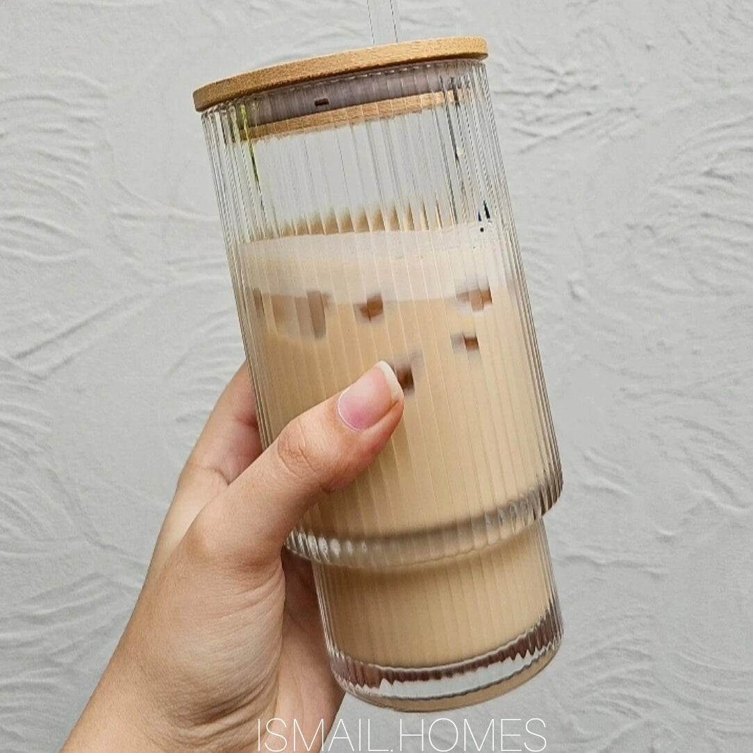 Ribbed Glass with Bamboo Lid and Glass Straw