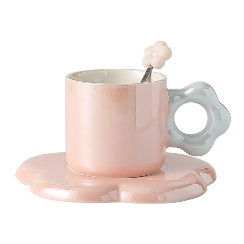 Pearl Glazed Mug with Flower Saucer and Spoon