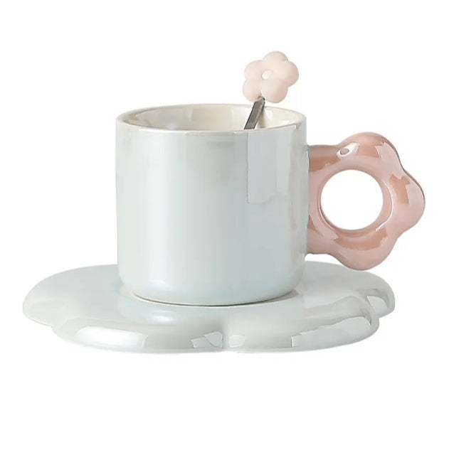 Pearl Glazed Mug with Flower Saucer and Spoon